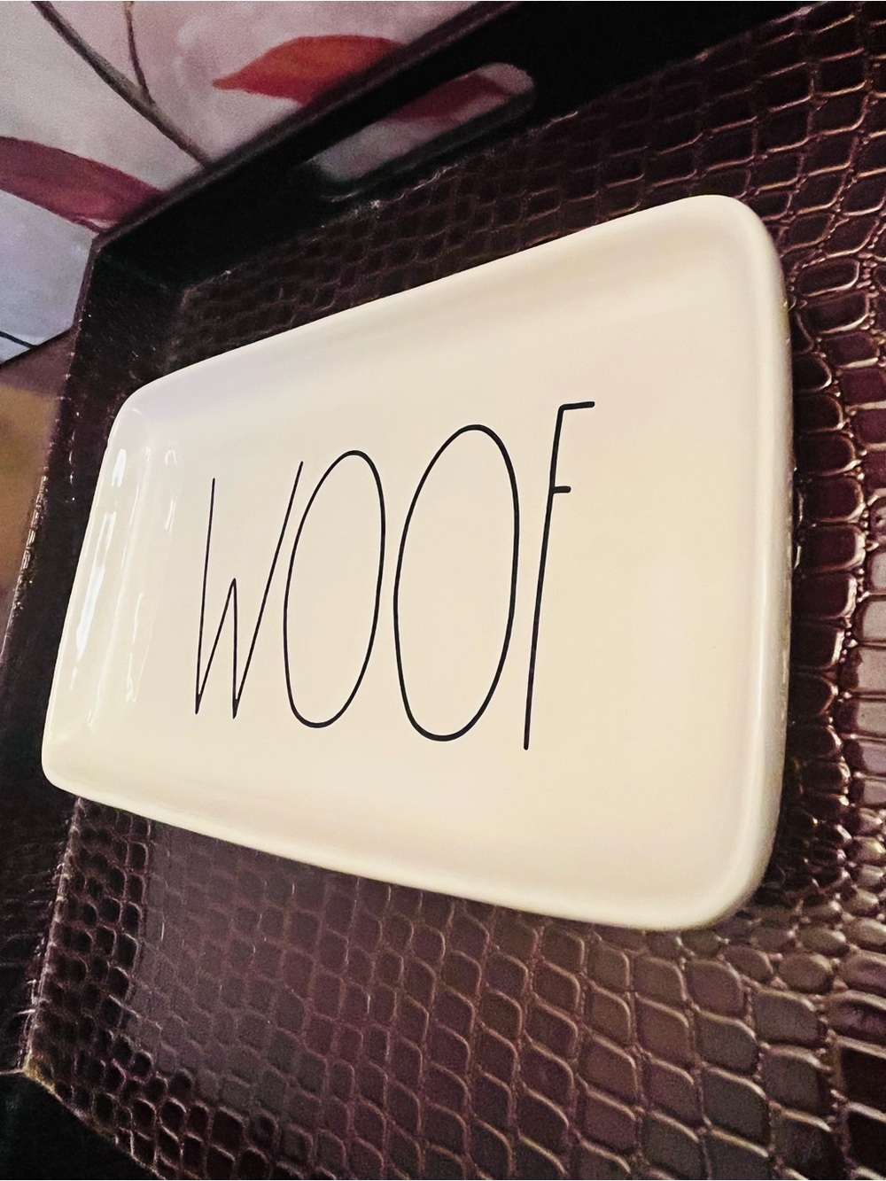 Rae Dunn “Woof” GUC White Ceramic Trinket Tray w/Small Nick on Left Corner - Picture 4 of 7